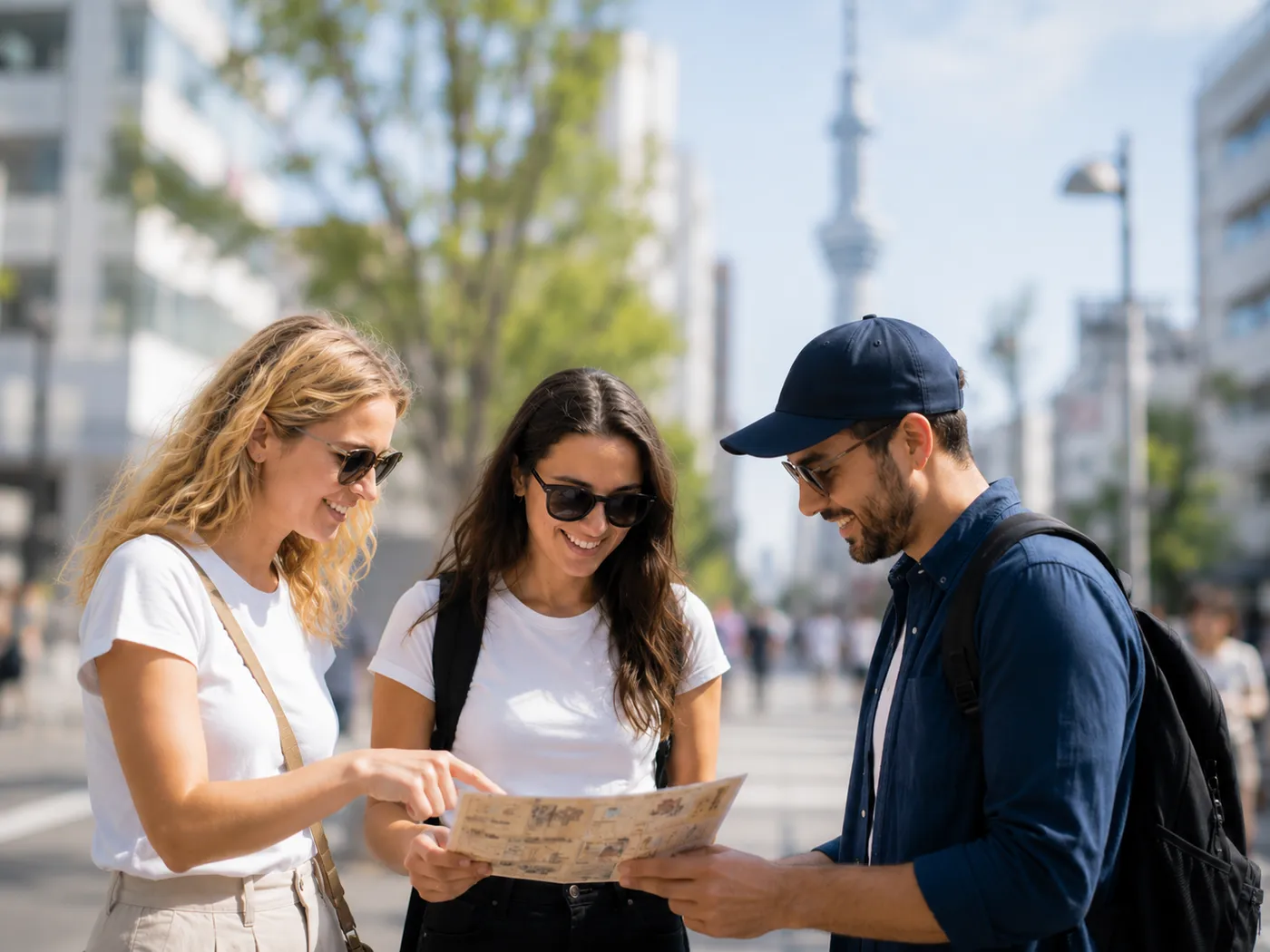 Travelers reading the mission map together